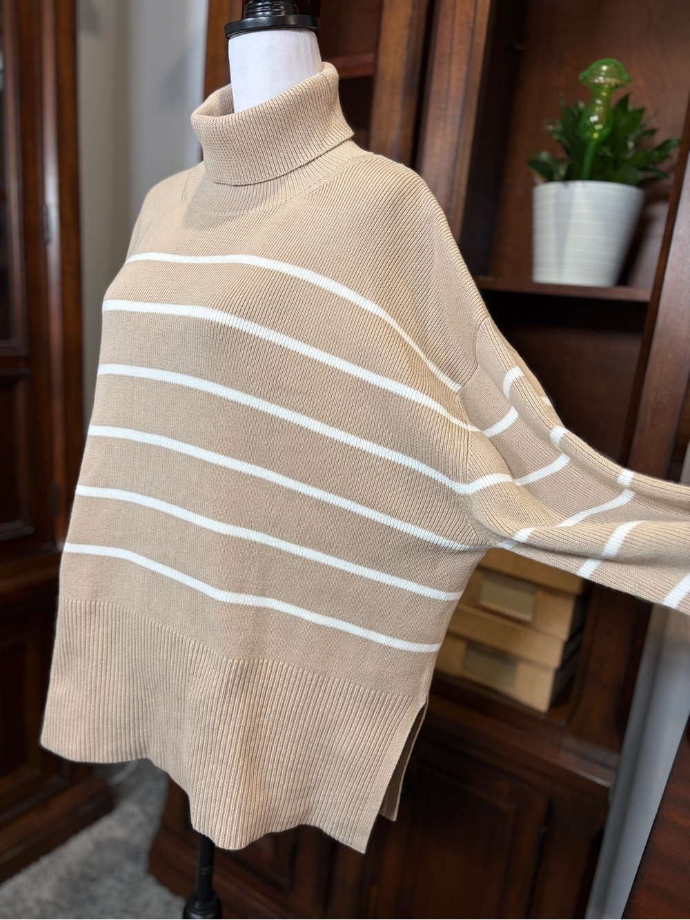 LAKE Madeline 100% Cotton Drop Sweater XL | Driftwood Ivory Stripe Oversized - Picture 4 of 12